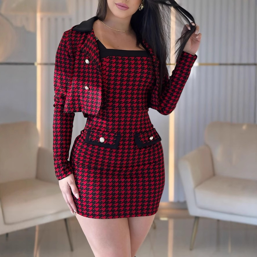 2024欧美外贸女装小香风格纹外套女秋冬高腰短裙半身裙套装
