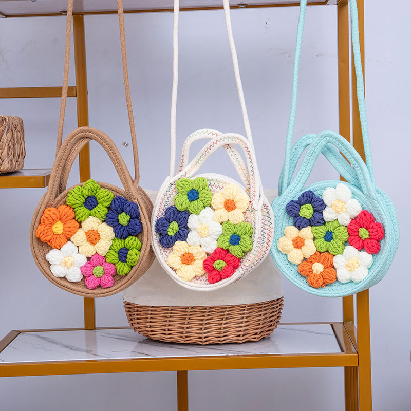 Cordón de algodón tejido bolso de mano mujer primavera y verano nuevo color sólido pequeño fresco bolso de vacaciones bolso de mano flores