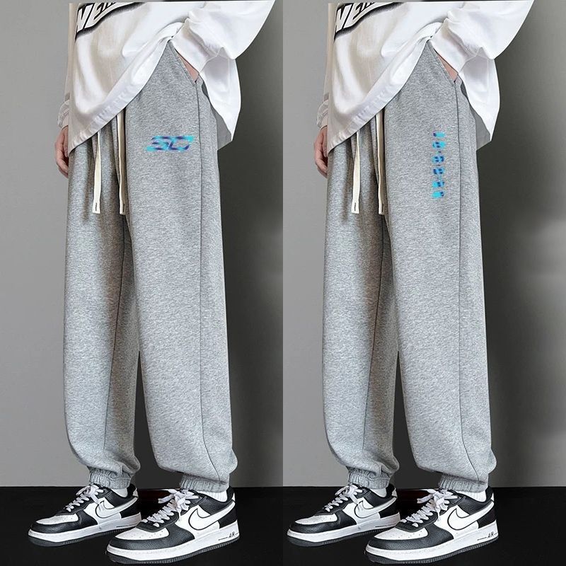 Gray Sweatpants for Students, Early Autumn Thin Straight Loose Versatile Drapey Wide-Leg Sports Pants, Men's Casual Cropped Pants