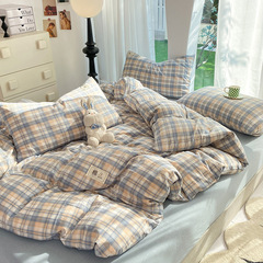純棉床上四件套100全棉水洗棉床單人被套床笠款2023新款格子床品4