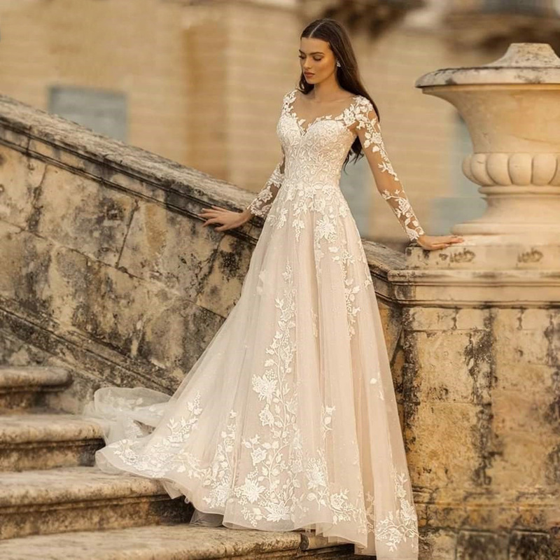 Deep V-Neck Backless Wedding Dress with Long Sleeves, Cross-Border 2026 Summer New Style, Slim-Fit, Sexy, Simple, Suitable for Travel Photography