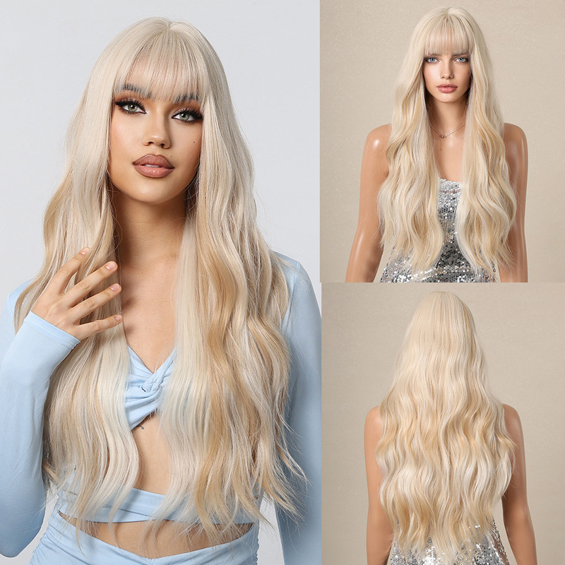 European and American Cross-Border Full Bangs Platinum Barbie Style Big Wavy Long Curly Hair Fluffy Blue Shore Wig Full Head Wig European and American Cross-Border Full Bangs Platinum Barbie Style Big Wavy Long Curly Hair Fluffy Blue Shore Wig Full Head Wig