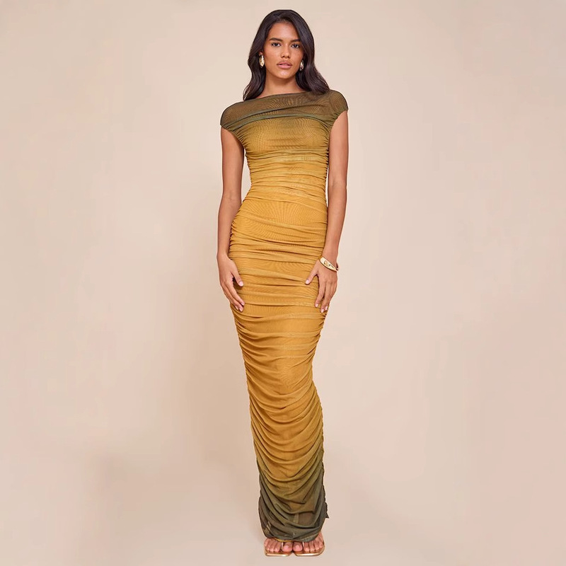 2026 In-Stock Cross-Border Spring/Summer Women's Gradient Color Versatile Dress, Elegant High-End Light Luxury Sexy Evening Gown, Slim-Fit Long Dress