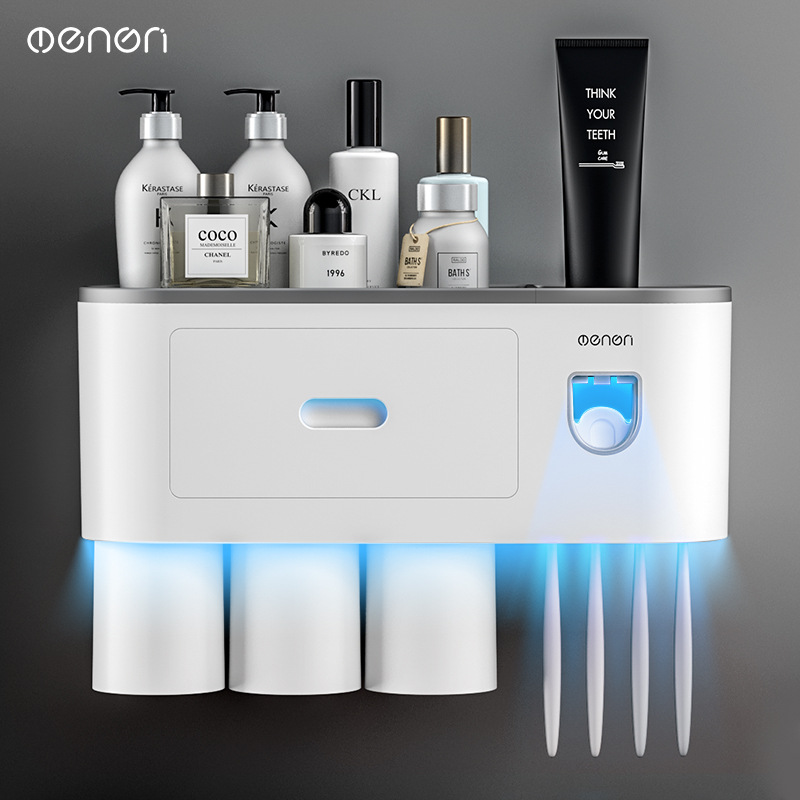 Creative toothbrush holder without drilling, mouthwash and toothbrush cup set, bathroom storage toothbrush holder with toothpaste squeezer