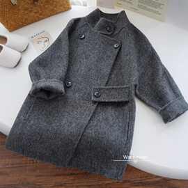 韩国童装2025冬季新款感毛呢大衣夹棉加厚高领廓形长款外套
