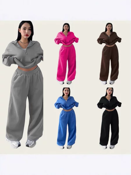 2026 European and American Cross-Border Casual Women's Fashion Half-Zip Pullover Sweatshirt and Long Pants Two-Piece Set Casual Autumn and Winter Style