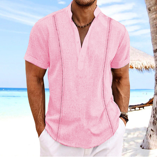 Monochrome Man - Cross-Border Summer New Short-Up Neck Cotton-Linen Color Solid Colour Patchwork Shirt Beach Casual Sports_voghion.com
