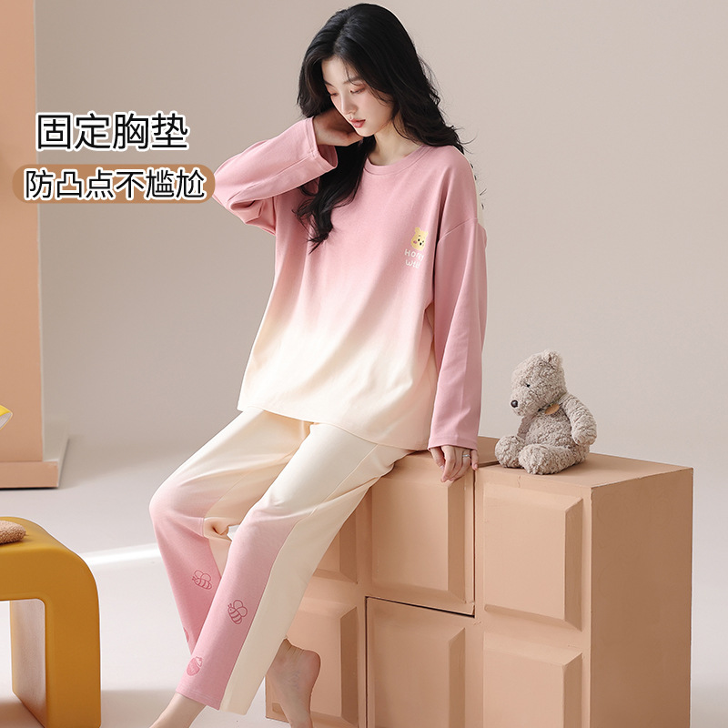 Pajamas Women's Spring and Autumn 100 Cotton Long Sleeve Autumn Cute Women's Home Clothes with Chest Pad Cotton suit
