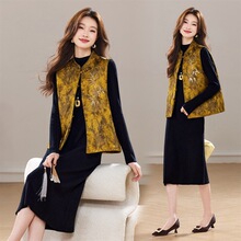 冬季新款加棉新中式立体刺绣花卉气质优雅立领盘扣马甲两件套裙女