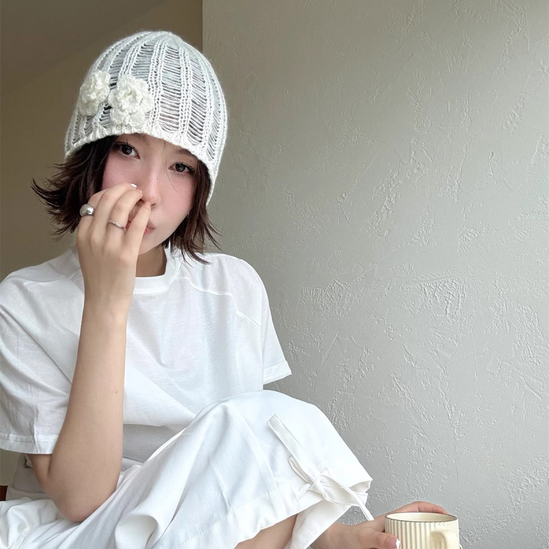 韩系手工立体花朵针织包头帽女早秋百搭辣妹时髦冷帽甜酷毛线帽|undefined