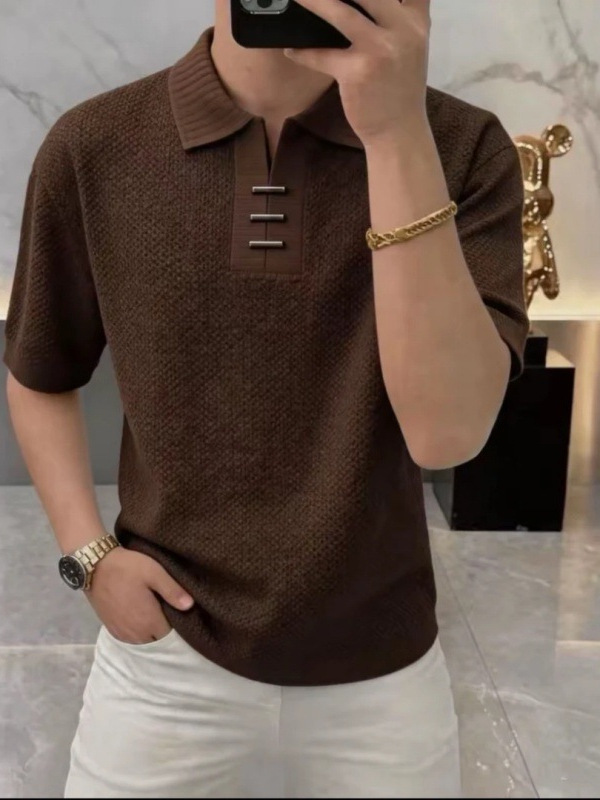 Kişi üçün qısaqol polo köynək, qəhvəyi yaxalı