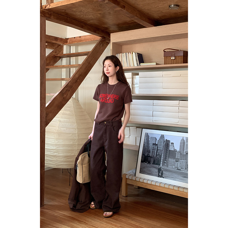 Hellooo Eat Brown Straight-Leg Jeans 2026 Spring Mid-High Waist Slimming Casual Pants Long Pants