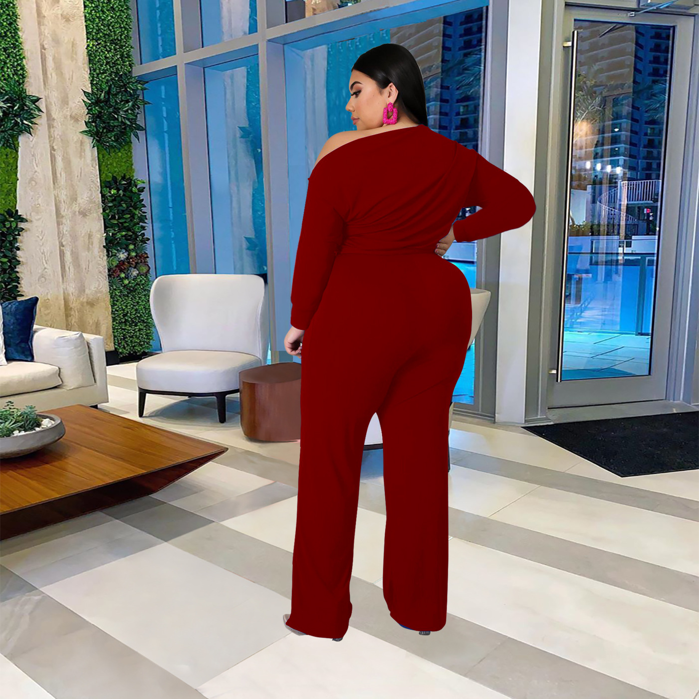 women s plus size solid color strappy shoulder T-shirt flared pants suit nihaostyles clothing wholesale NSBMF80099