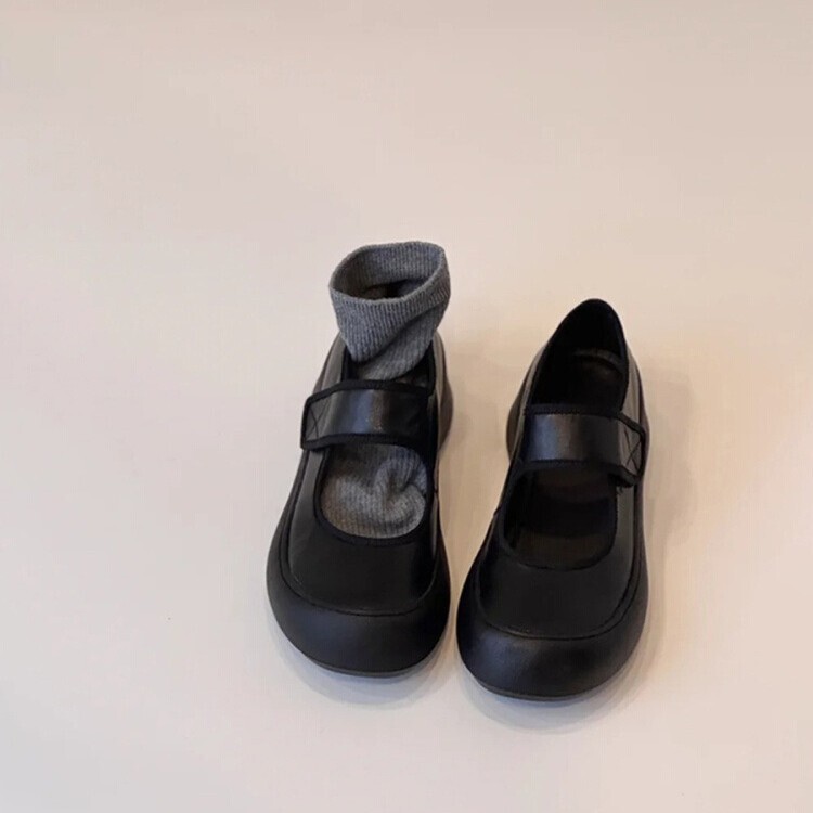 Sheepskin version ~ thick bottom sports hook and loop Mary Jane shoes women's versatile round toe small leather shoes vintage ballet shoes