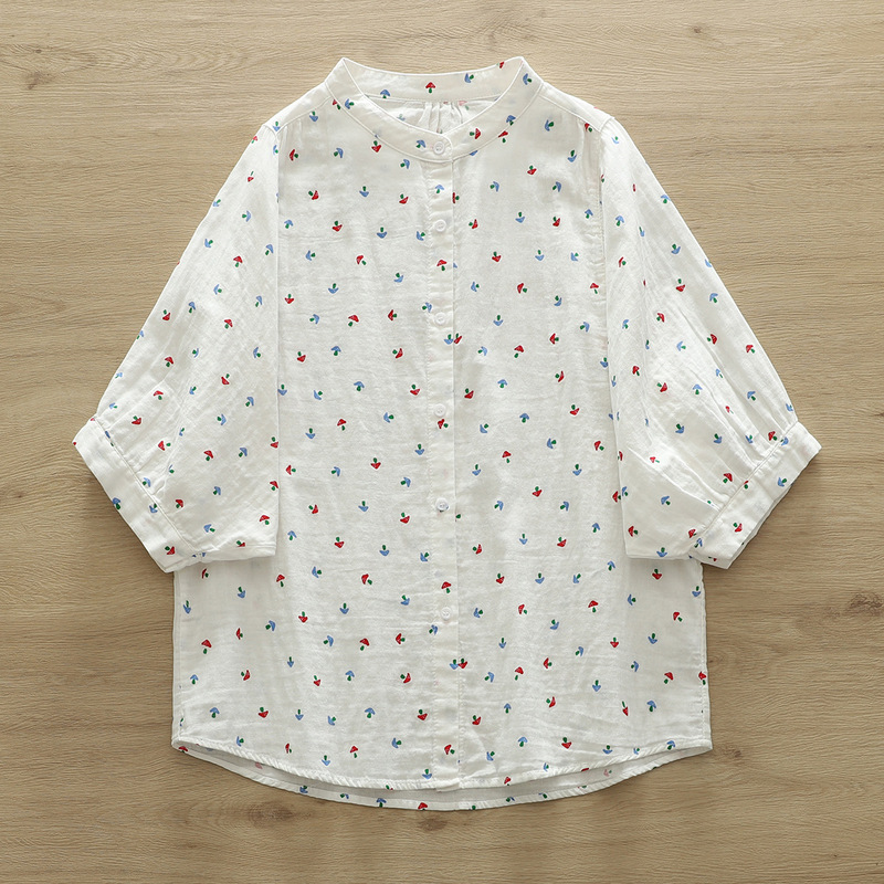 Women's Fresh Style Collar Double-Layer Cotton Yarn Batwing Sleeve Shirt with Mushroom Printed Loose Slim Look Seven Sleeve Top Women's Fresh Style Collar Double-Layer Cotton Yarn Batwing Sleeve Shirt with Mushroom Printed Loose Slim Look Seven Sleeve Top