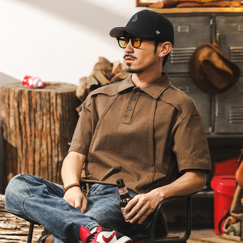 Maillard Retro Cool Polo Shirt Men's Heavy Short-sleeved Summer Loose Fashion Brand Lapel T-shirt Top Men's Brown