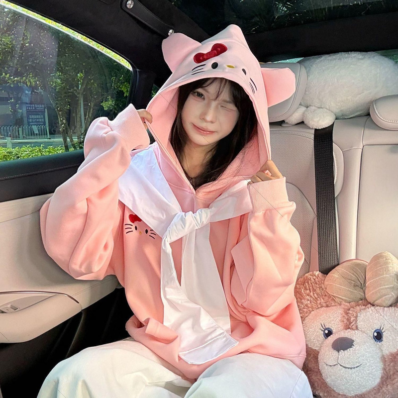 Sweet Style Cute Cartoon Kitten Embroidered Long-Sleeved Hooded Sweatshirt 2025 Autumn and Winter New Shawl Design Top