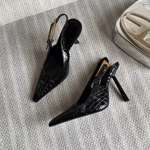 2024 Spring New Baotou Flat Sandals with High Heels, Slim Heel, Pointed Toe, Backless, Open Toe, Polished Leather, Shiny Surface for Women