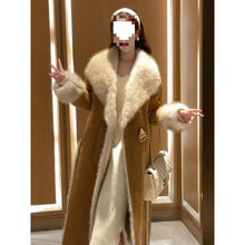 冬季新款高级感大翻领长款外套女加厚保暖一体仿皮