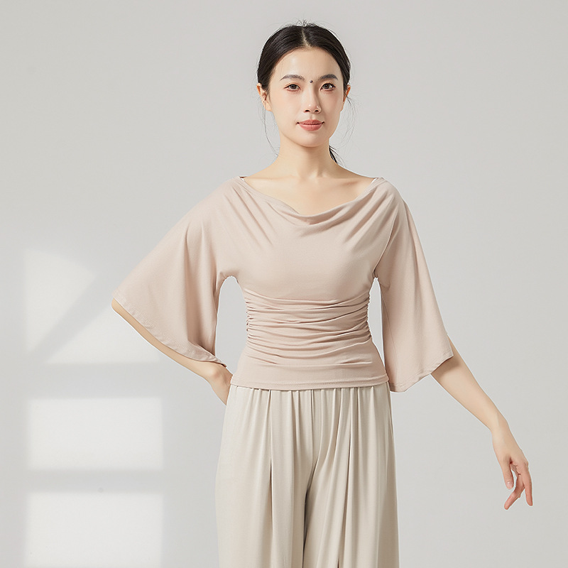 Modern Dance Clothing, Lazy Style One-Shoulder Slim T-Shirt for Women, Stylish Design with Bell Sleeves, Classical Dance Elegant