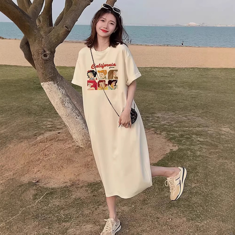 Maternity Dress for Summer, Thin Apricot-Colored Dress with Pockets, Plus-Size Slit Dress, Milk Tea Color T-Shirt Dress, Long Style