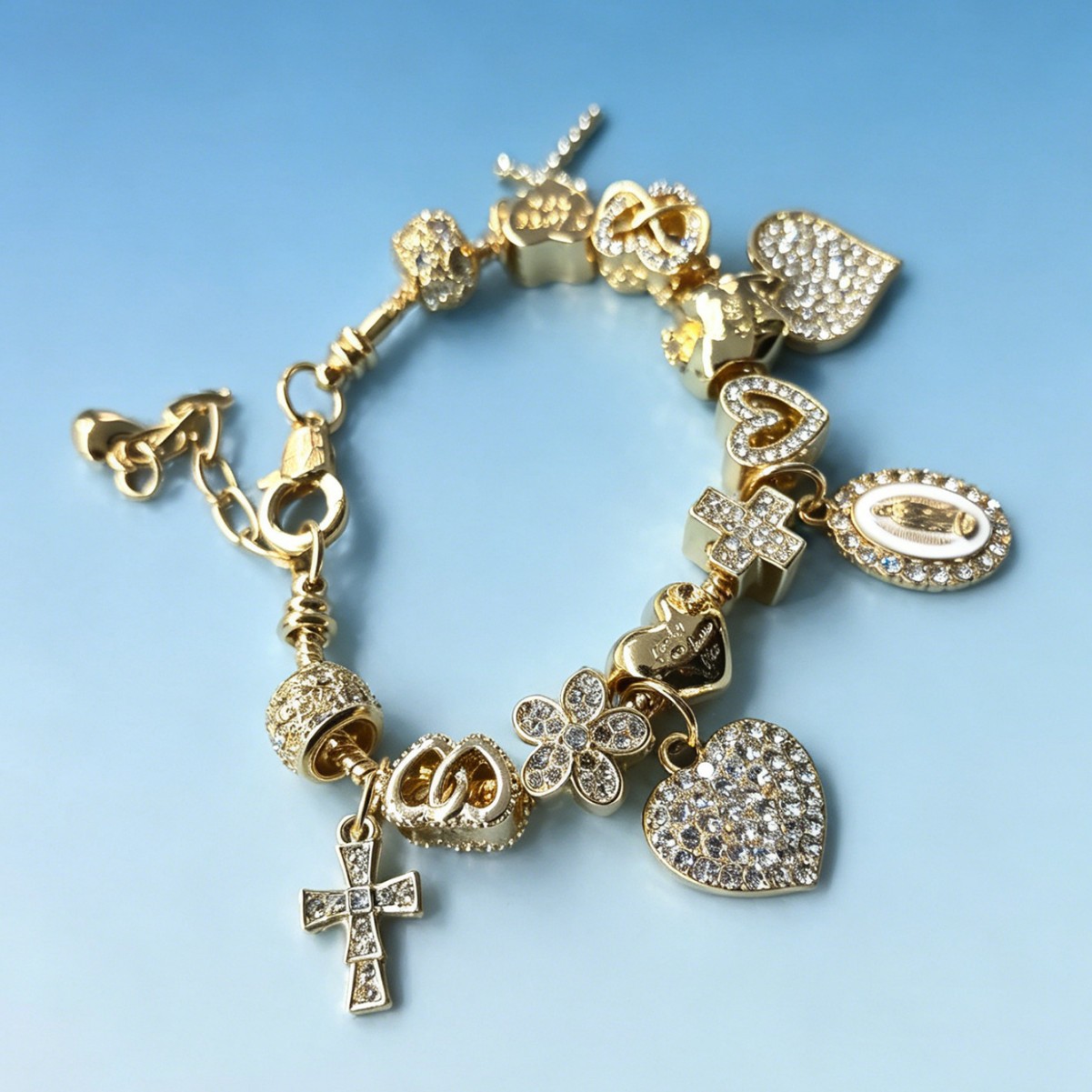 Panjia brazalete DIY explosión transfronteriza ajustable pulsera de lujo diamante cruz amor joyas colgante flor