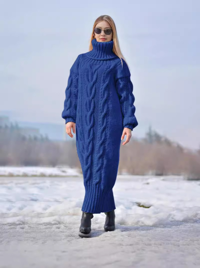 Transfronterizo europeo y americano otoño e invierno nuevo color sólido jersey de cuello alto retorcido suéter de punto suelto temperamento suéter vestido de viajero