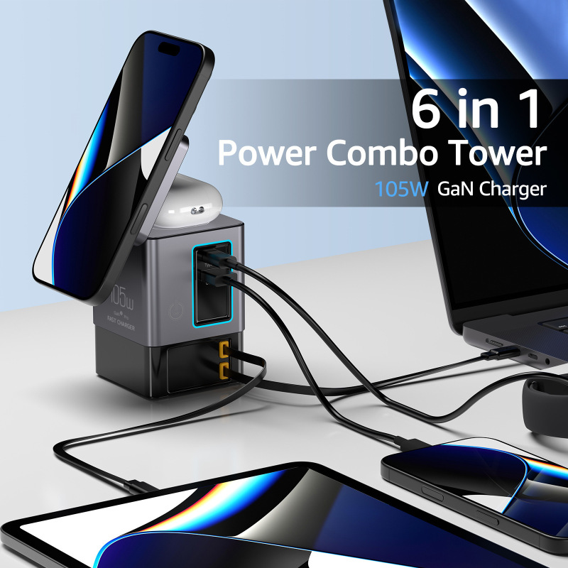 105W Dual Retractable Cable Multi-Port Desktop Charger Two-In-One Wireless Charging C Port Blind Plug 65W with Led Ambient Light 105W Dual Retractable Cable Multi-Port Desktop Charger Two-In-One Wireless Charging C Port Blind Plug 65W with Led Ambient Light
