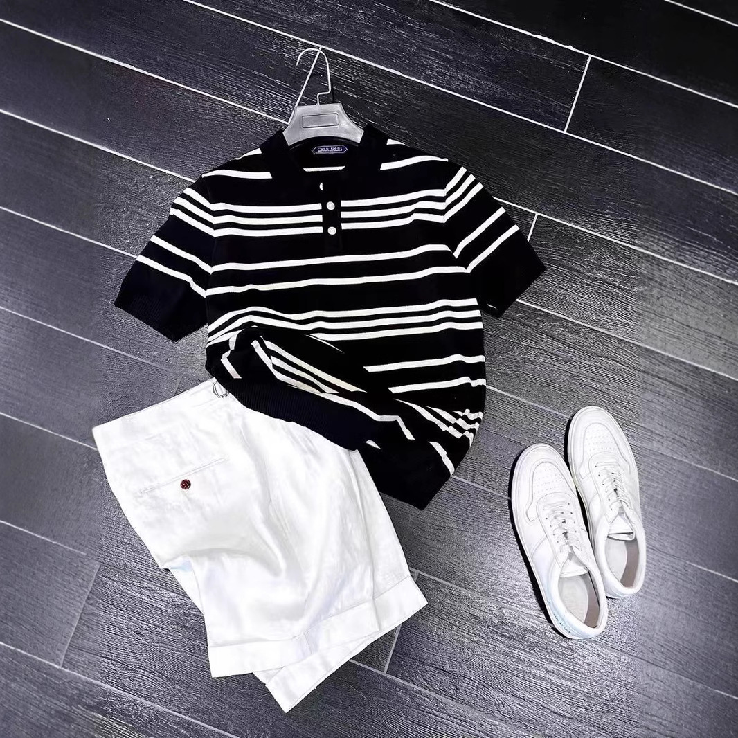 Camiseta de polo a rayas masculina de verano suelta japonesa con solapa de manga corta suelta marca de moda retro camiseta de negocios de media manga