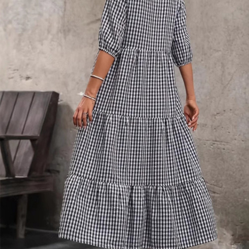 Women's European and American Style Semi-Sleeve Plaid Dress Supply European and American Style New Long Skirt