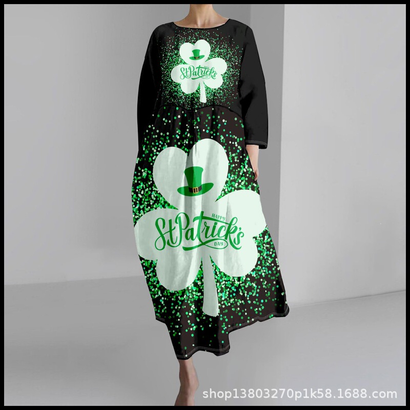 2025 Cross-Border Women's Casual Three-Quarter Sleeve Dress with St. Patrick's Theme Clover 3D Print for Summer