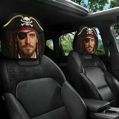 Printed car headrest covers, customizable with logos, Universal seat cover - pirate-character-personalized-print-double-sided-printing-2-pack