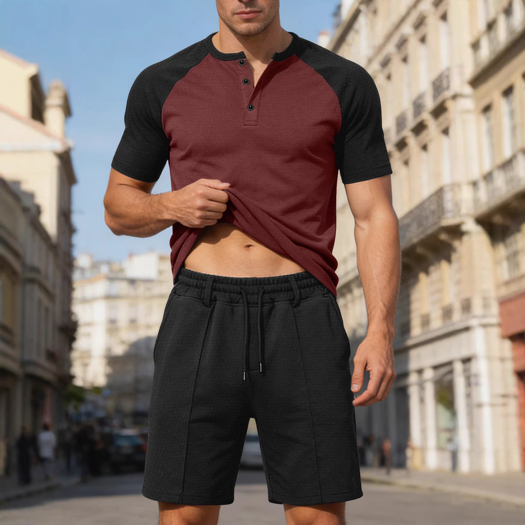 Nuevo transfronterizo de verano europeo y americano nuevo cuello en V casual de color de manga corta deportiva casual pantalones cortos de manga corta T-shirt para hombres