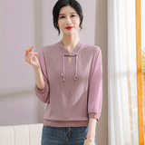 中老年女装复古旗袍领针织衫夏季冰丝七分袖上衣风宽松打底衫，女装针织衫/毛衣，妃慕昵服饰