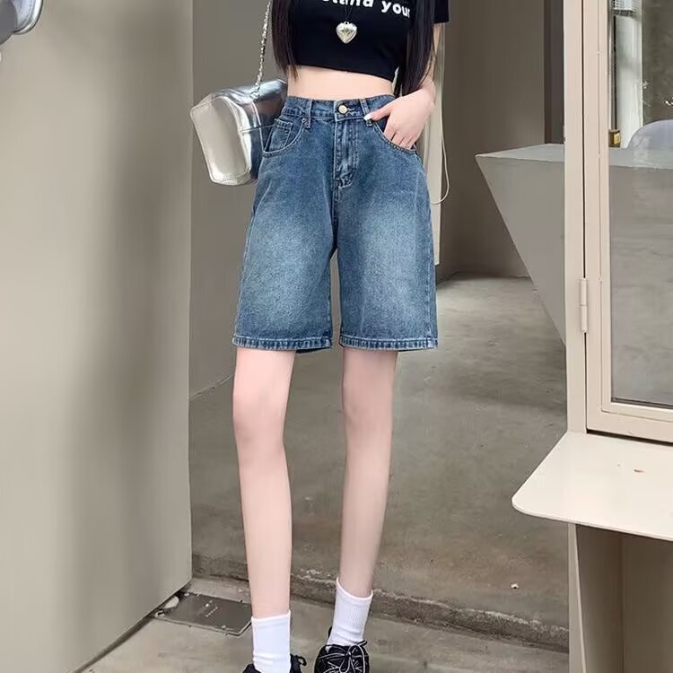 Black Denim Shorts for Women, Summer Thin High-Waisted Loose Slimming Plus-Size Wide-Leg Straight Mid-Length Shorts for Women Black Denim Shorts for Women, Summer Thin High-Waisted Loose Slimming Plus-Size Wide-Leg Straight Mid-Length Shorts for Women
