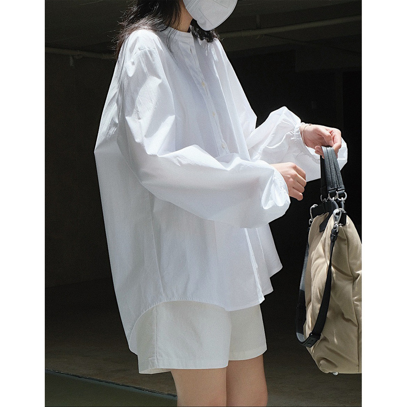 Texted recommend Spring New Korean Style Commuter Air Sense Shirt Shape Round Neck Loose Puff Sleeve Top for Women Texted recommend Spring New Korean Style Commuter Air Sense Shirt Shape Round Neck Loose Puff Sleeve Top for Women