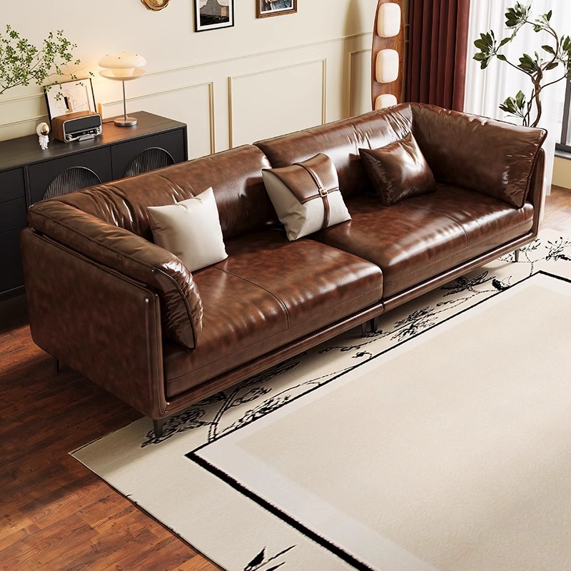Vintage Oil Wax Leather Sofa Living Room Small Apartment Three-person Straight Row Combination Top Layer Cowhide Internet Celebrous Embrace Sofa