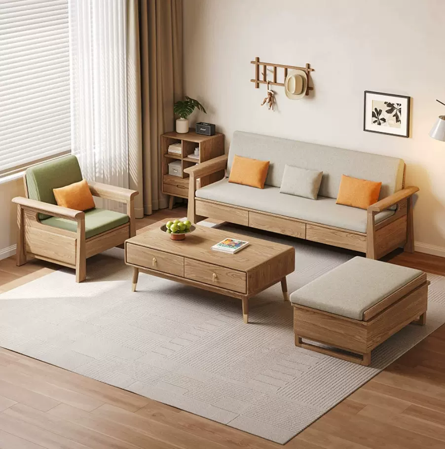 北欧全实木沙发组合现代简约冬夏两用樱桃木抽屉储物大小户型沙发