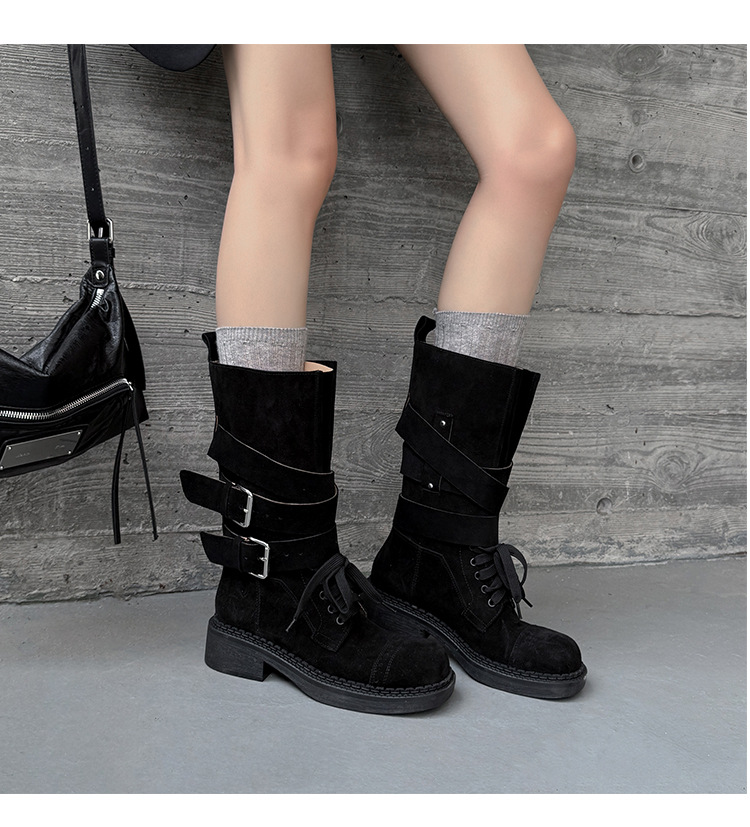Boot cao bồi cổ trung bình da bò lộn phong cách retro, gót thấp khóa thắt lưng — đen, màu nâu sẫm, kaki chi tiết 26