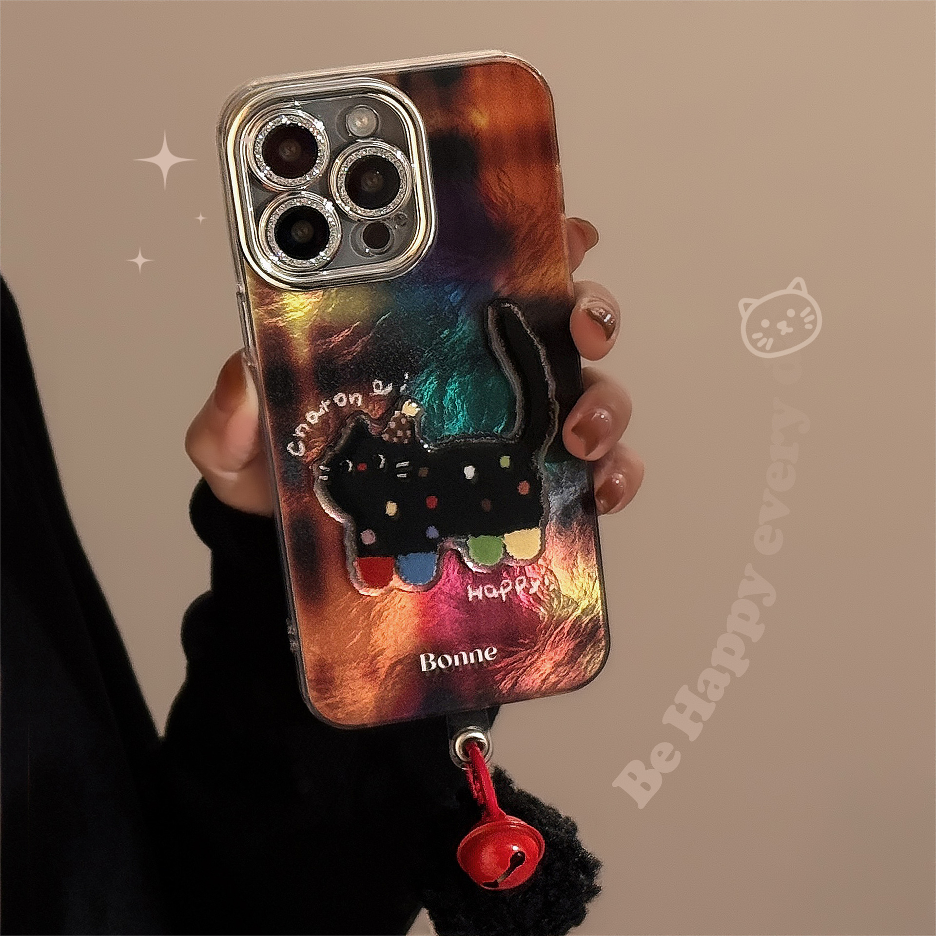 Funda 3D con diseño de gato negro con lunares, adecuada para iPhone 17 Pro Max, funda para teléfono Apple iPhone 16, estilo caricaturesco, con colgante 13, rígida 14 image 3