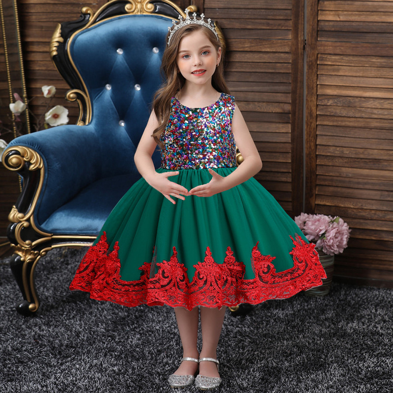 girls jazz dance princes stage performance Rainbow sequin princess dress birthday party celebration sleeveless dresses flower girl wedding dress christmas green red dress