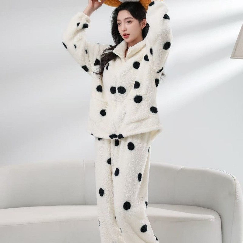 日系毛茸茸两件套睡衣女秋冬可外穿韩版珊瑚绒居家服外套卫衣开衫|undefined