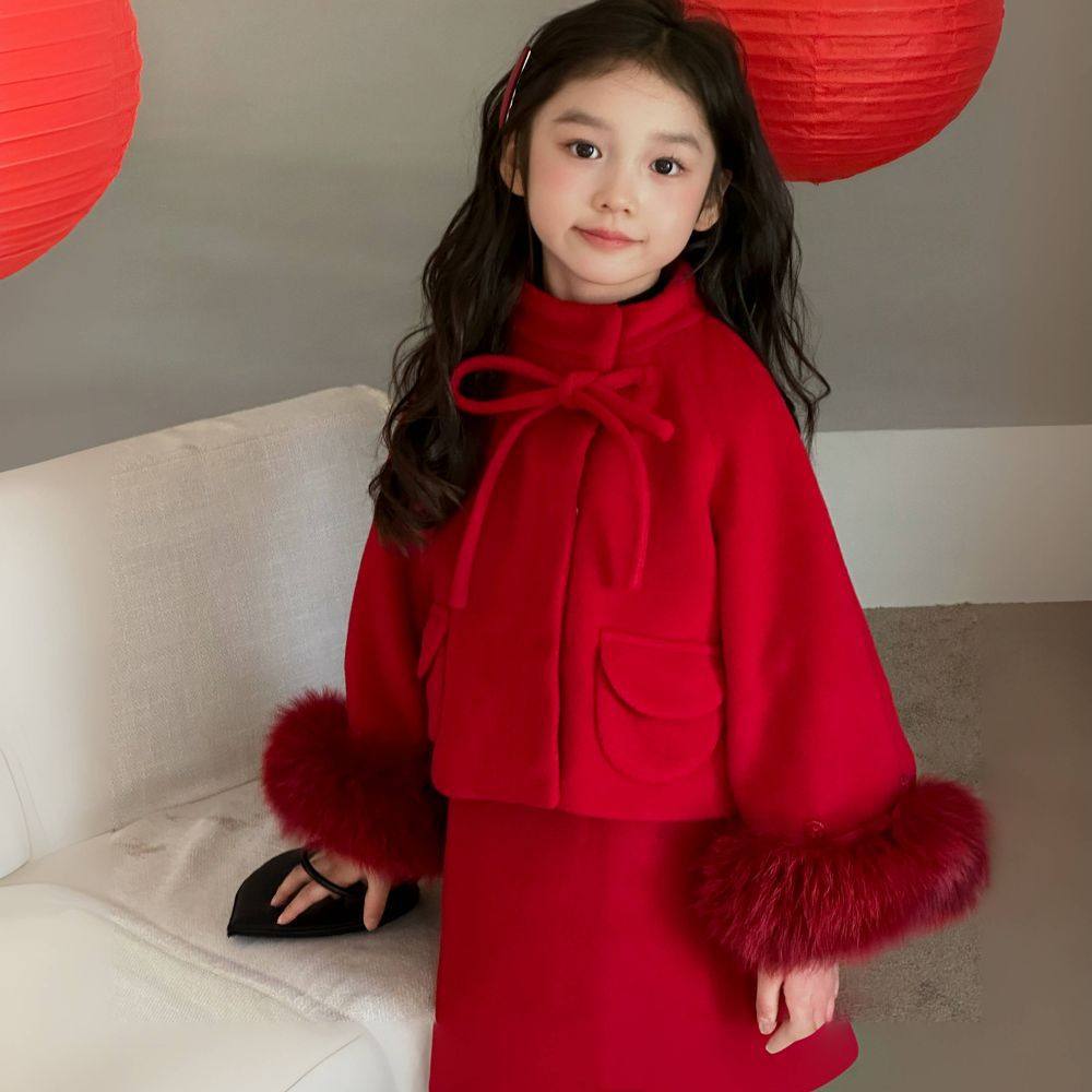 女宝过年红色套装中小童秋冬新款蝴蝶结毛毛边外套衫背心裙两件套