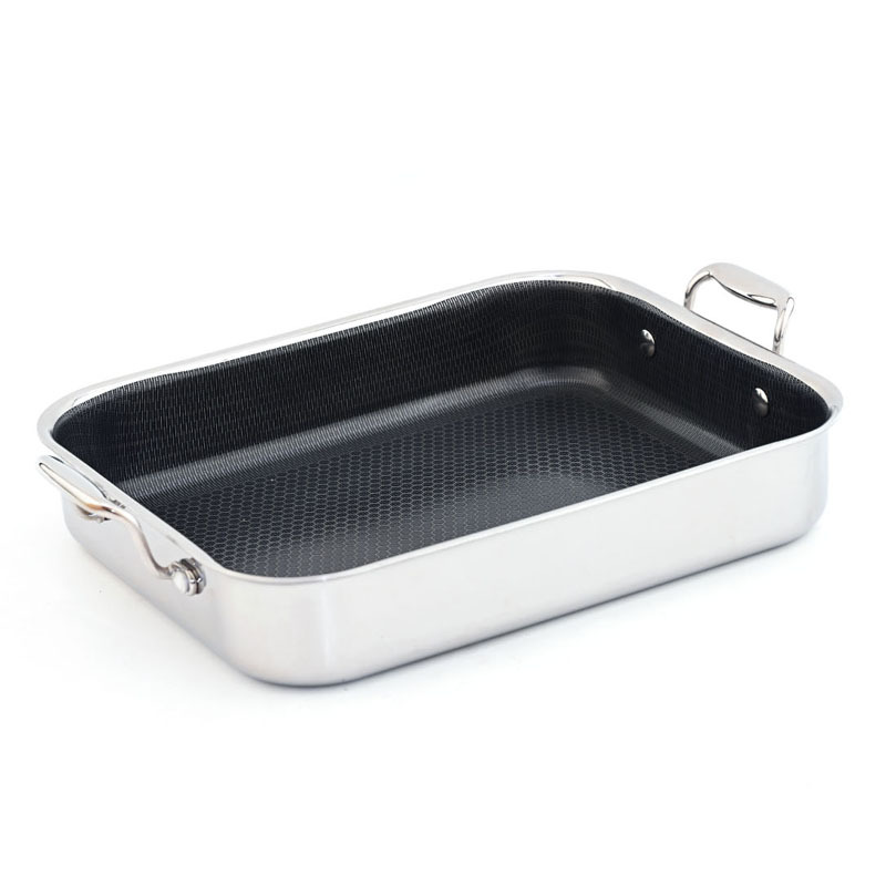 外贸三层不锈钢长方形不粘烤盘304加厚电磁炉通用双耳托盘蒸盘