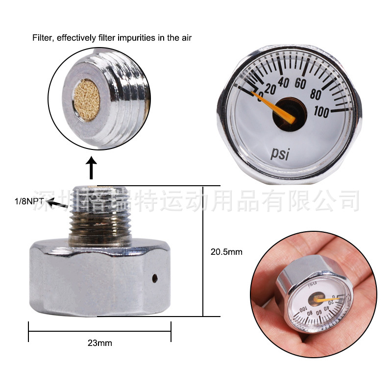 跨境厂家批发新款1/8NPT白色精密压力表100psi带过滤表盘直径23mm