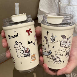 不锈钢手绘保温杯猫猫ins高颜值吸管可爱咖啡杯随手韩版女水杯