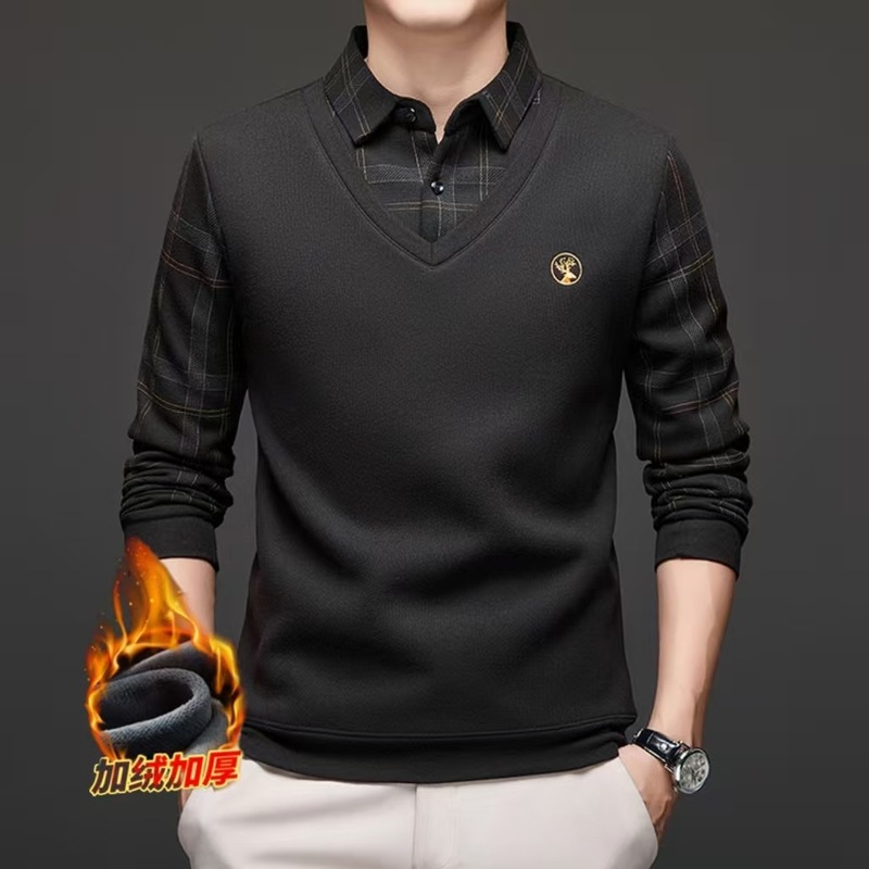 含羊毛桑蚕丝男士假两件秋冬格子新款加绒加厚长袖Polo衫男t恤|undefined