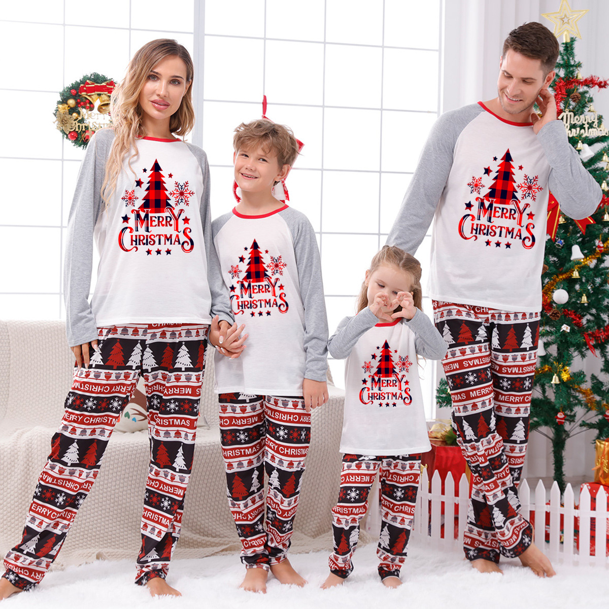 Casual Christmas Tree Letter Stripe Cotton Pants Sets Straight Pants Blouse Family Matching Outfits display picture 2