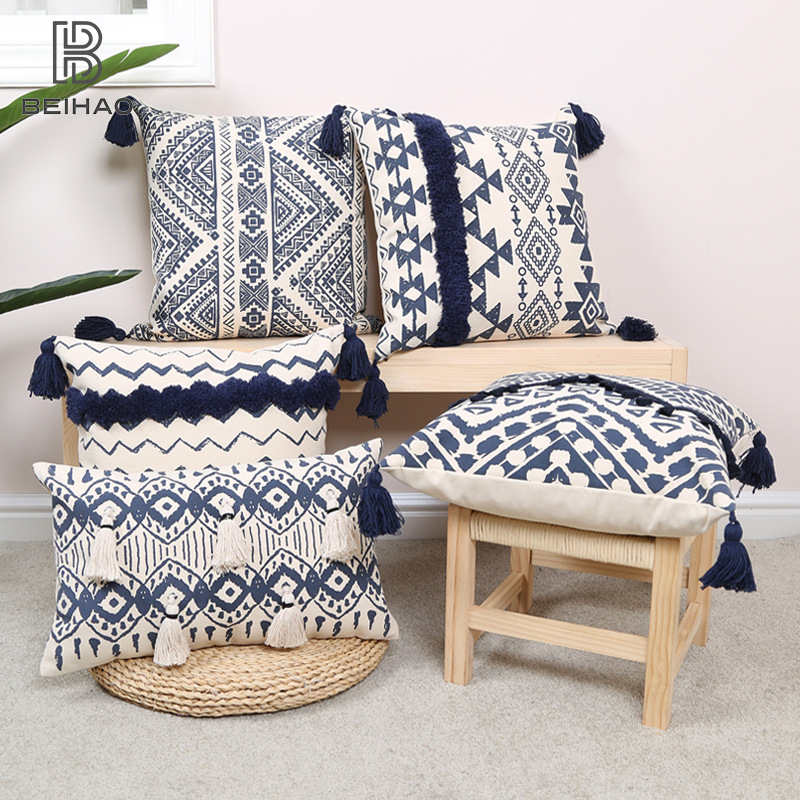 Tufted Pillow Ethnic Style Printed Tassel Homestay Sofa Cushion Moroccan Cotton Embroidery Cross-border Hot Wholesale