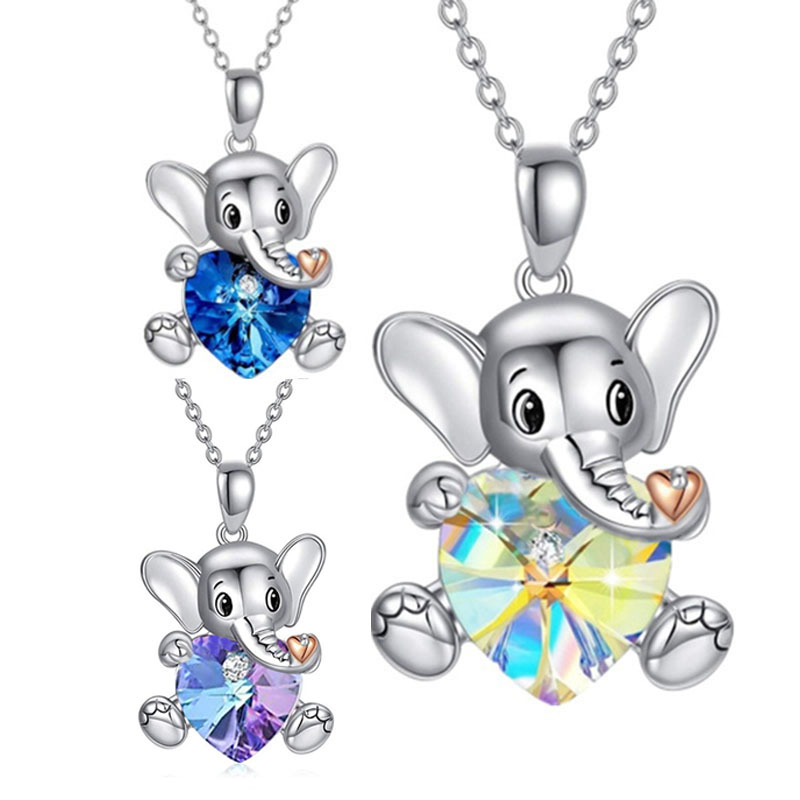 Sweet Heart Shape Elephant Alloy Rhinestone Inlaid Crystal Pendant Necklace 1 Piece